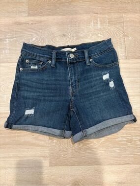 Levi's Dark Blue Distressed Rolled-Hem Jean Shorts
